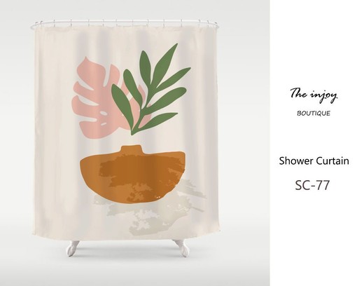 Modern Minimalist Abstract Art Plant Shower Curtain, Waterproof with Hooks for Bath Decor in Custom Sizes