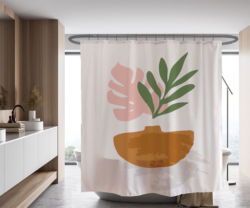 Modern Minimalist Abstract Art Plant Shower Curtain, Waterproof with Hooks for Bath Decor in Custom Sizes - Image 2