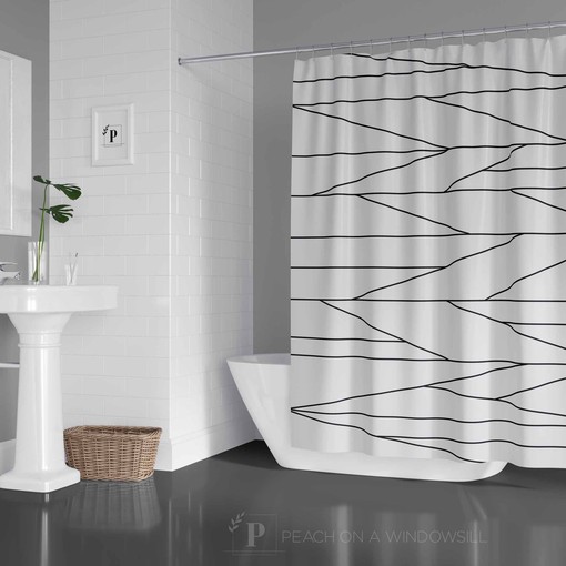 Modern Minimalist Abstract Shower Curtain with Black and White Line Art Design for Minimalist Bathroom Decor