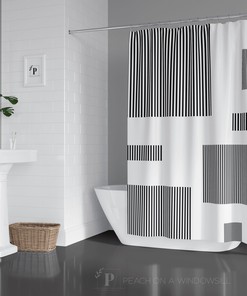 Modern Minimalist Designer Color Block Pattern Shower Curtain, Black and White Geometric Box Bath Curtain