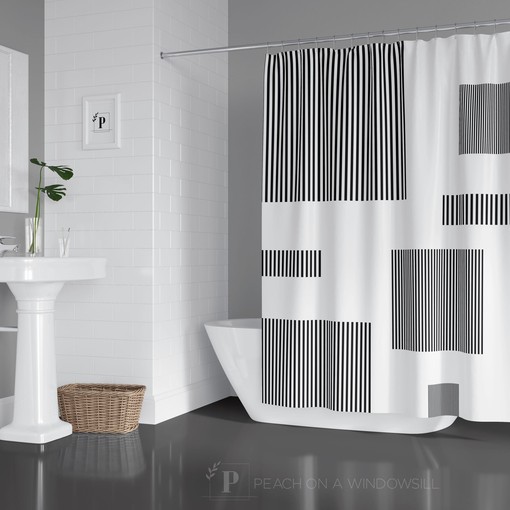 Modern Minimalist Designer Color Block Pattern Shower Curtain, Black and White Geometric Box Bath Curtain