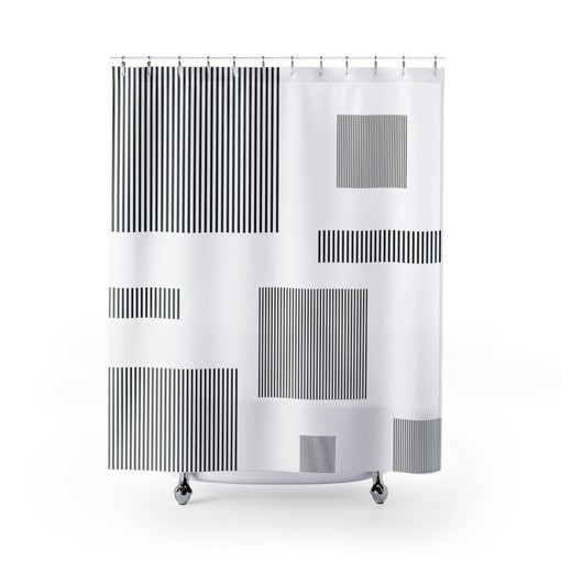 Modern Minimalist Designer Color Block Pattern Shower Curtain, Black and White Geometric Box Bath Curtain - Image 2