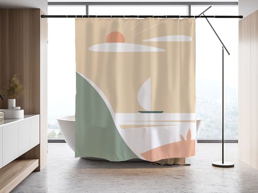 Modern Mountain and Boat Scenery Shower Curtain - Add a Relaxing Vibe to Your Bathroom Decor - Image 2
