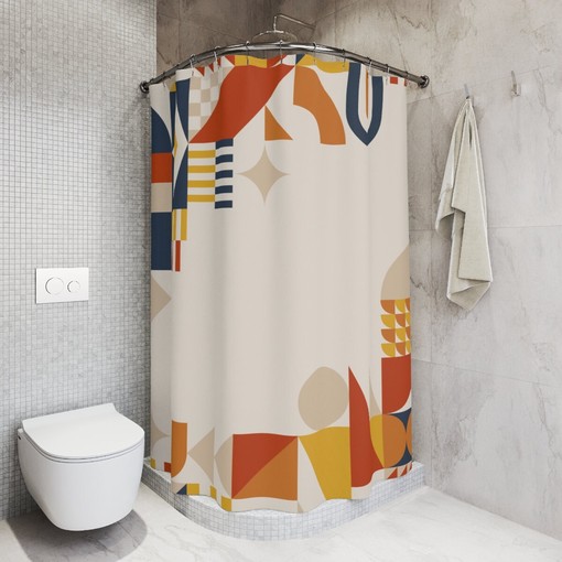 Modern Orange Lake Designer Boho Abstract Shapes Shower Curtain - Image 2
