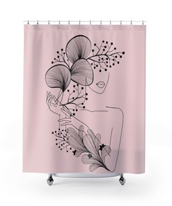 Modern Pink Woman in Flowers Line Art Shower Curtain, Art Deco Bathroom Decoration