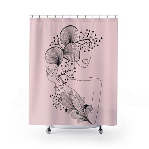 Modern Pink Woman in Flowers Line Art Shower Curtain, Art Deco Bathroom Decoration