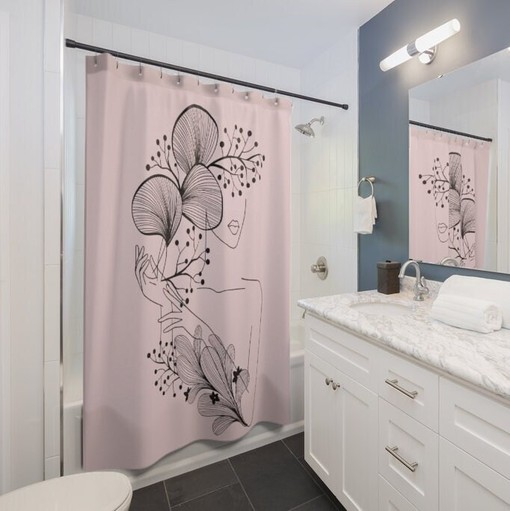Modern Pink Woman in Flowers Line Art Shower Curtain, Art Deco Bathroom Decoration - Image 2
