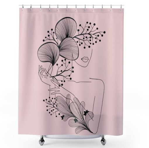 Modern Pink Woman in Flowers Line Art Shower Curtain, Art Deco Bathroom Decoration - Image 3