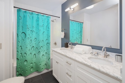Modern Raindrop Design Blue & Green Water Droplets Unique Shower Curtain - Image 2