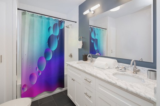 Modern Raindrop Design Blue Ombre Water Droplets Shower Curtain - Image 2
