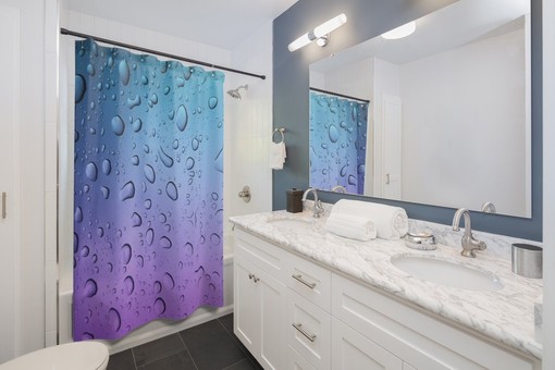 Modern Raindrop Design Blue & Purple Ombre Water Droplets Unique Shower Curtain - Image 2