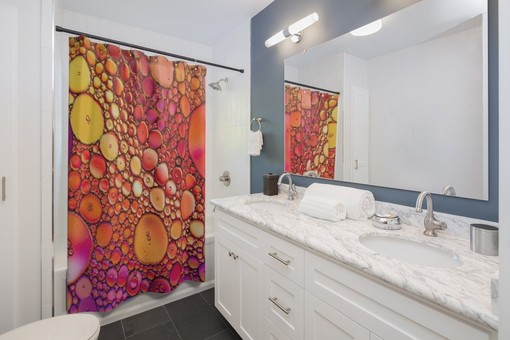 Modern Raindrop Design Orange & Yellow Water Droplets Shower Curtain - Image 2