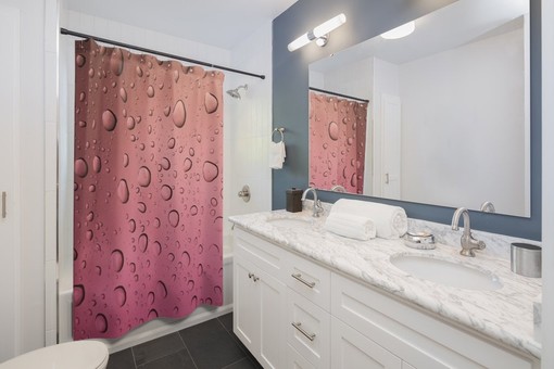 Modern Raindrop Design Pink & Rose Gold Ombre Water Droplets Unique Shower Curtain - Image 2