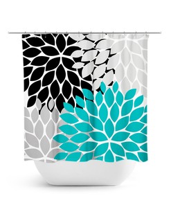 Modern Turquoise Black Gray Floral Shower Curtain | Fabric Bath Decor for Girls Bathroom