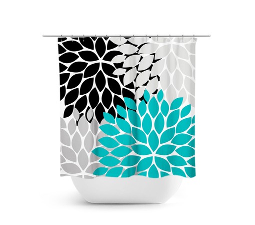 Modern Turquoise Black Gray Floral Shower Curtain | Fabric Bath Decor for Girls Bathroom
