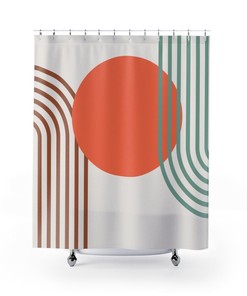 Modern Vintage-Inspired Boho Shower Curtain / Geometric Green Brown Gray Orange Bath Decor