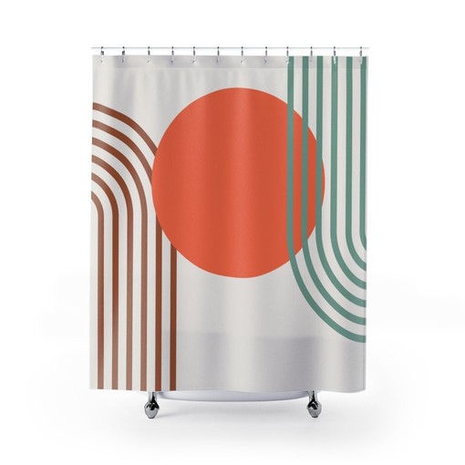 Modern Vintage-Inspired Boho Shower Curtain / Geometric Green Brown Gray Orange Bath Decor