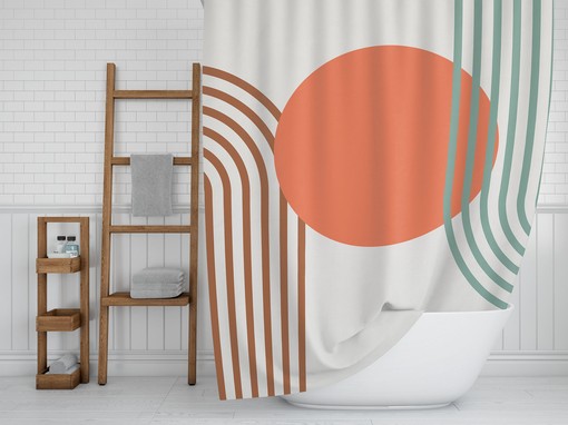 Modern Vintage-Inspired Boho Shower Curtain / Geometric Green Brown Gray Orange Bath Decor - Image 2