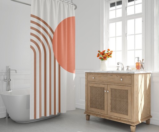 Modern Vintage-Inspired Boho Shower Curtain / Geometric Green Brown Gray Orange Bath Decor - Image 3