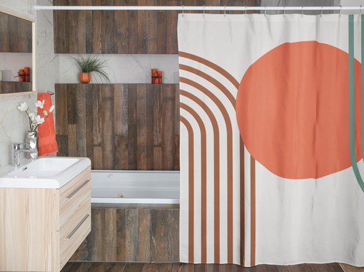 Modern Vintage-Inspired Boho Shower Curtain / Geometric Green Brown Gray Orange Bath Decor - Image 4