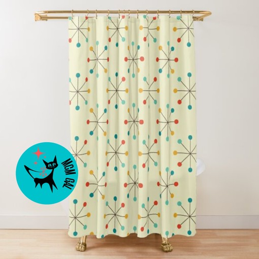 Modernist Retro Clock and Starburst Beige, Teal, and Yellow Mid Century Modern Shower Curtain for a Modern Bathroom