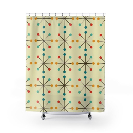 Modernist Retro Clock and Starburst Beige, Teal, and Yellow Mid Century Modern Shower Curtain for a Modern Bathroom - Image 2