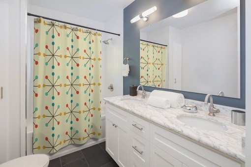 Modernist Retro Clock and Starburst Beige, Teal, and Yellow Mid Century Modern Shower Curtain for a Modern Bathroom - Image 3