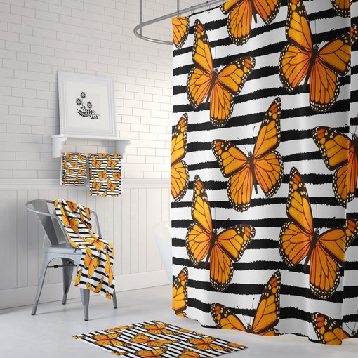 Monarch Butterfly Shower Curtain Set with Matching Towels and Bath Mat for Nature-Inspired Bathroom Decor
