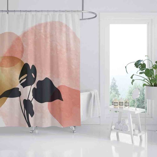 Monstera Leaves Pink Shower Curtain, Colorful Waterproof Curtain with Hooks for Abstract Bathroom Decor - Image 2