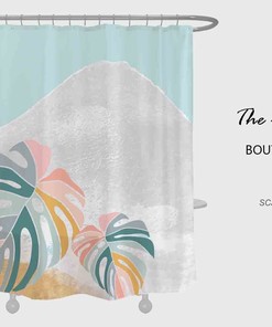 Monstera Leaves Vintage Bathroom Shower Curtain, Snow Mountain Waterproof Accessory with Matching Hooks