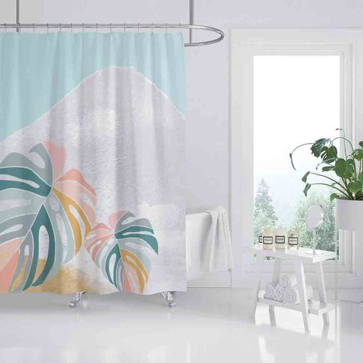 Monstera Leaves Vintage Bathroom Shower Curtain, Snow Mountain Waterproof Accessory with Matching Hooks - Image 2
