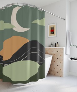 Moon Yoga Meditation Shower Curtain | Peaceful Minimalistic Apartment Decor | Warm Natural Colors