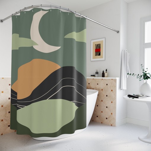 Moon Yoga Meditation Shower Curtain | Peaceful Minimalistic Apartment Decor | Warm Natural Colors