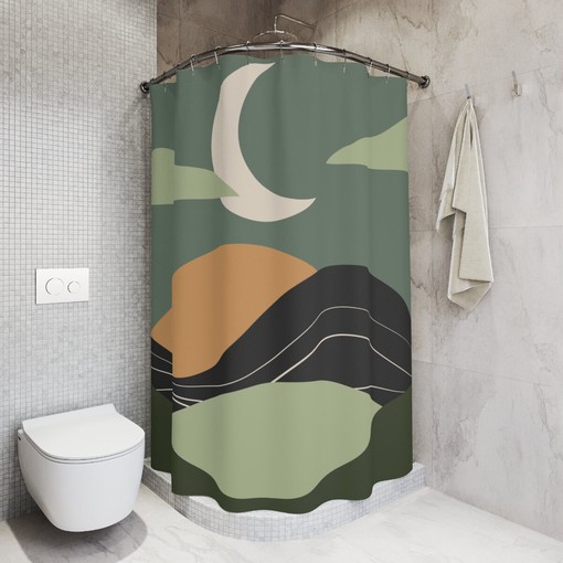 Moon Yoga Meditation Shower Curtain | Peaceful Minimalistic Apartment Decor | Warm Natural Colors - Image 2