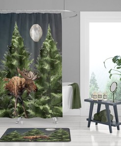 Moose and Pine Motif Shower Curtain with Rustic Lodge Bathroom Decor for Natural Accents