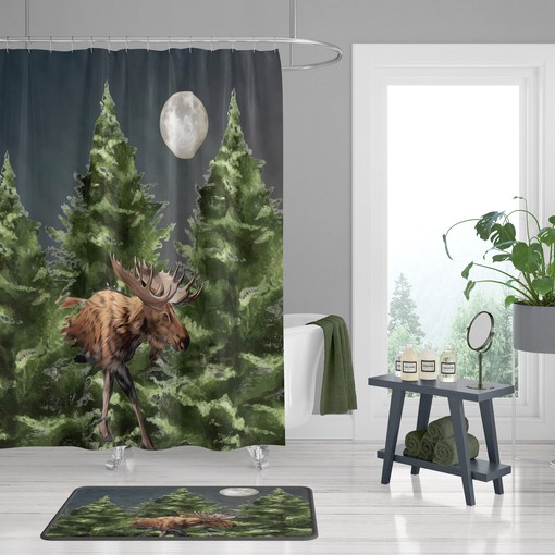 Moose and Pine Motif Shower Curtain with Rustic Lodge Bathroom Decor for Natural Accents