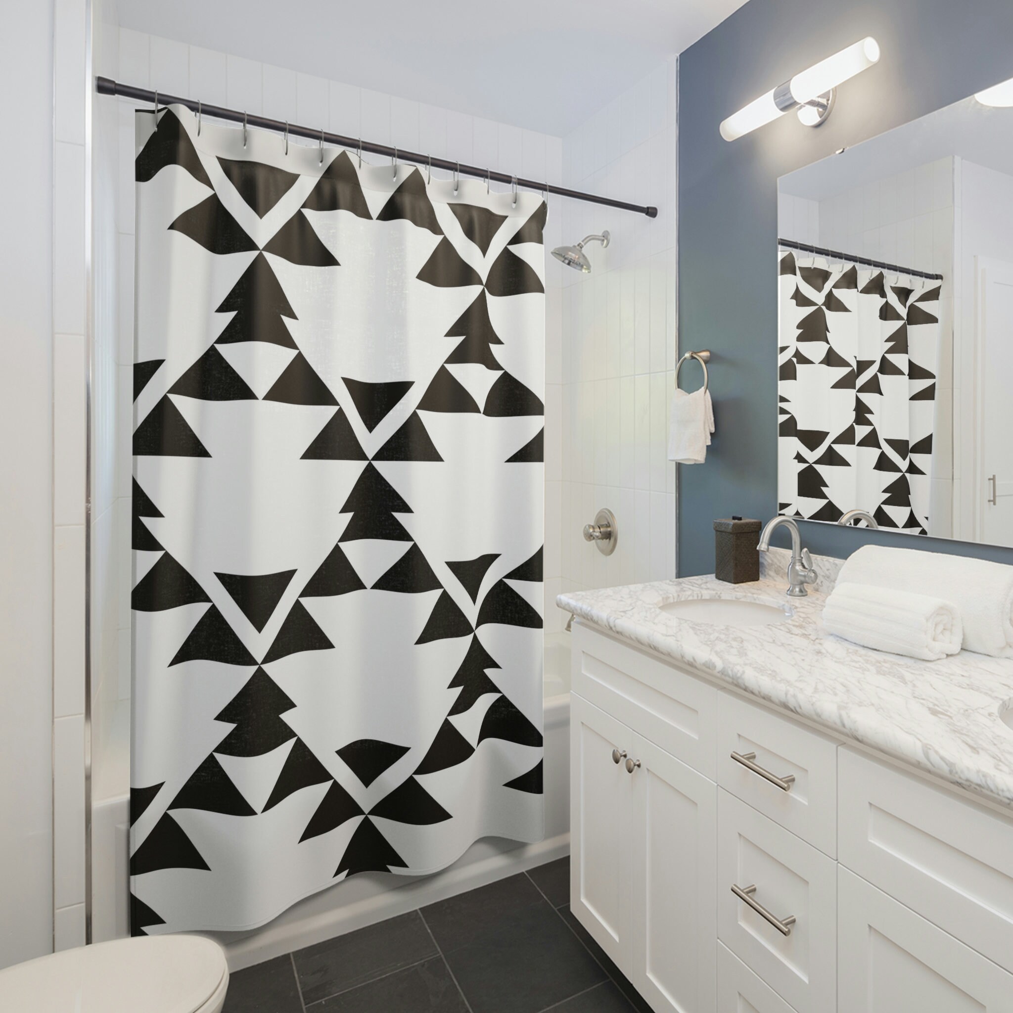 Moroccan Black and White Geometric Shower Curtain, Abstract Vintage Restroom Decor