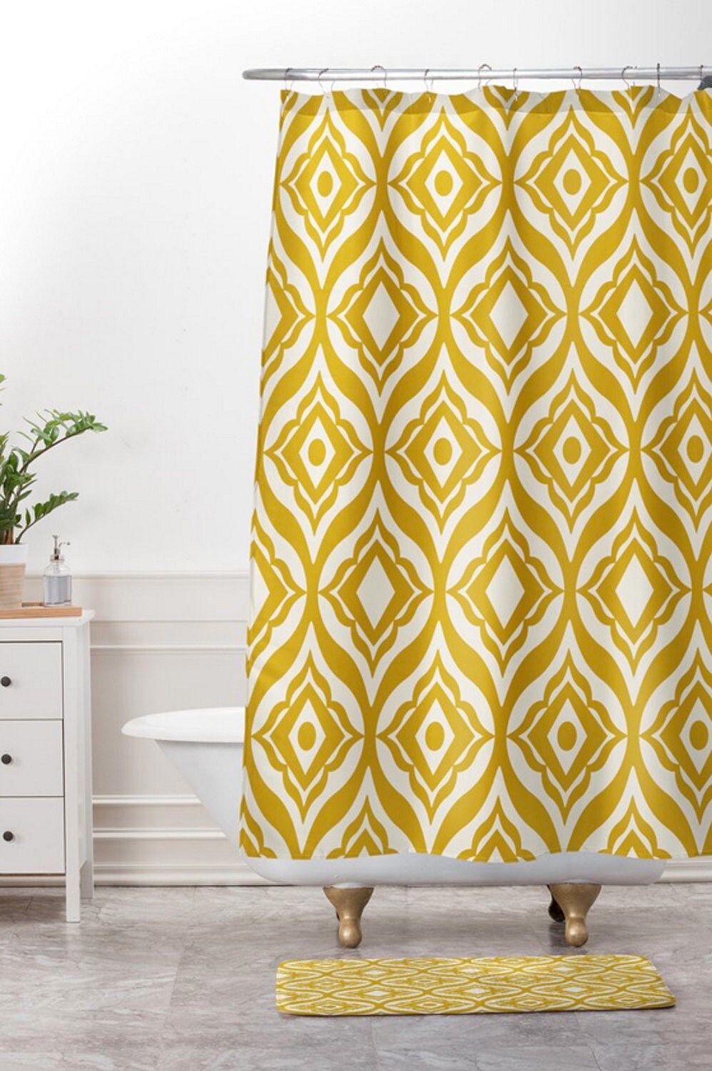 Moroccan Design Yellow Shower Curtain | Retro Modern Geometric Bath Decor | Vintage Shower Curtains
