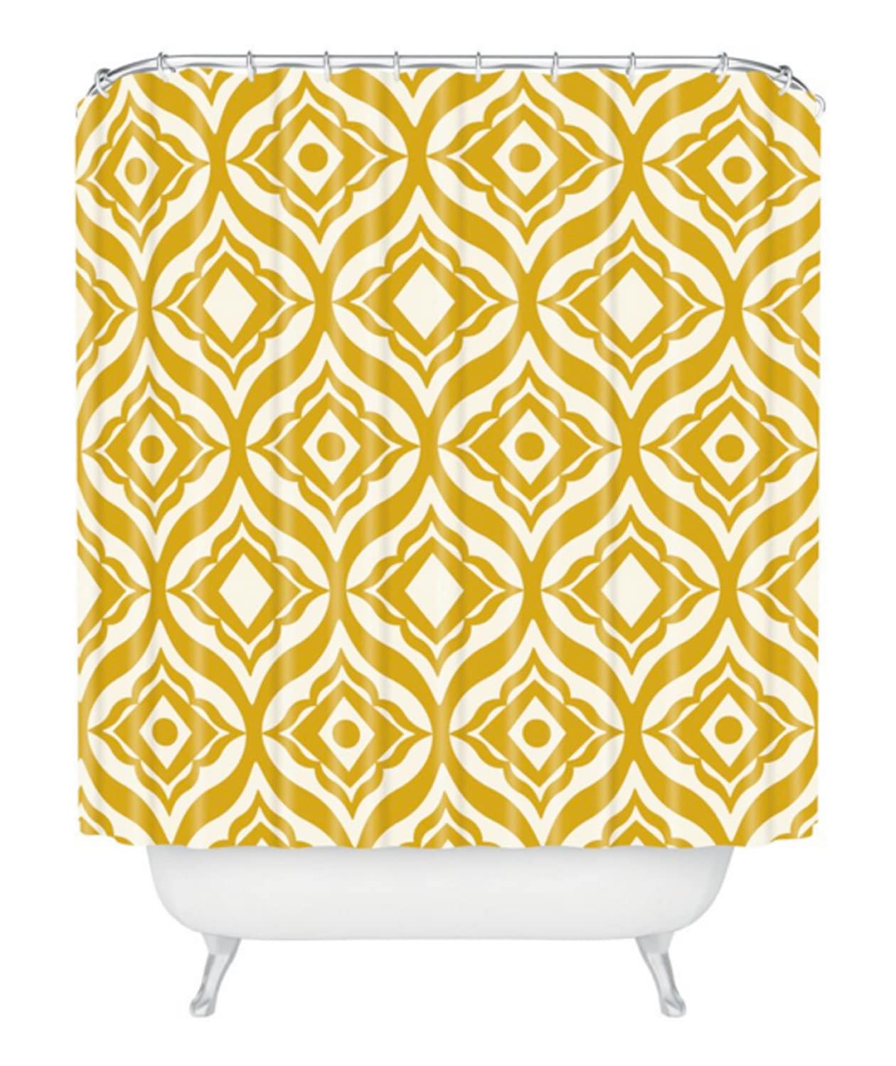 Moroccan Design Yellow Shower Curtain | Retro Modern Geometric Bath Decor | Vintage Shower Curtains - Image 2