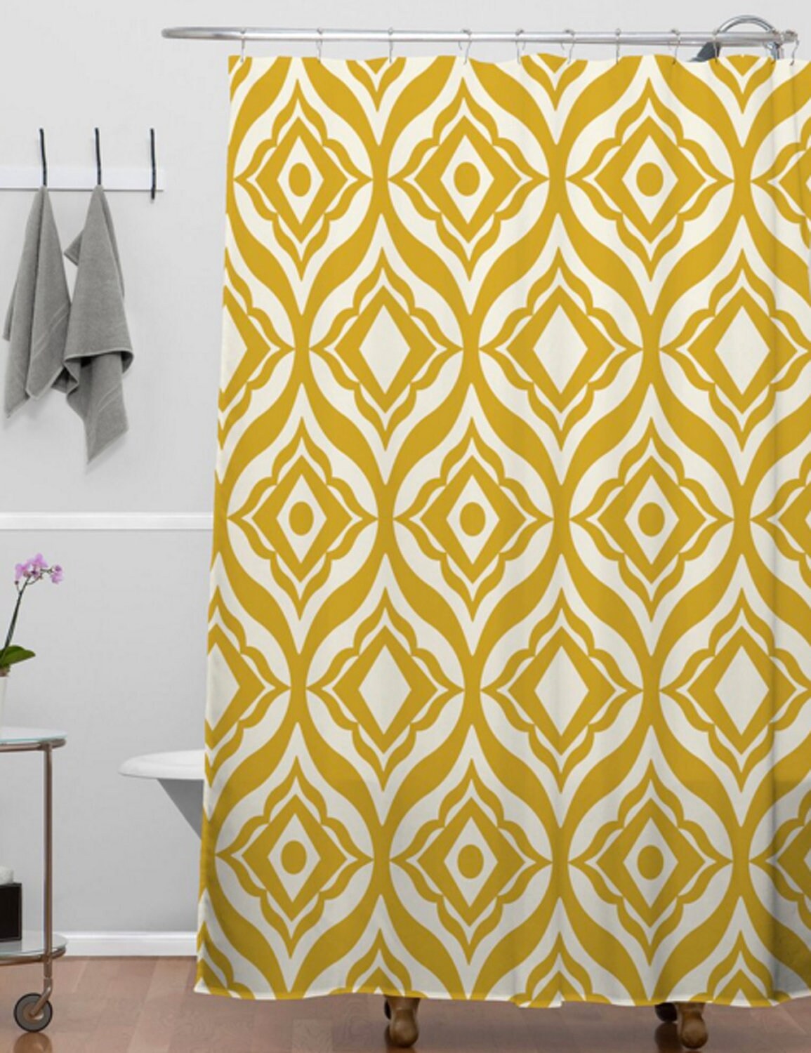 Moroccan Design Yellow Shower Curtain | Retro Modern Geometric Bath Decor | Vintage Shower Curtains - Image 3