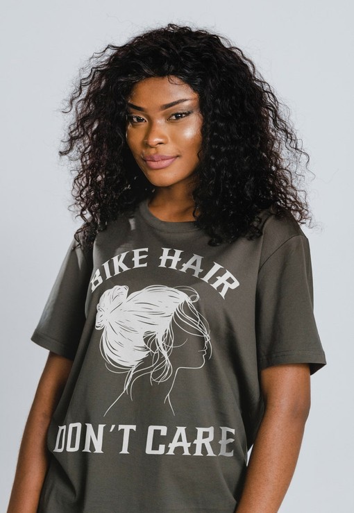 Movie Shirts For Women: Bike Hair Don't Care Bleach Unisex Tee, Motorcycle Hair Messy Bun Design, Biker Chick Shirt