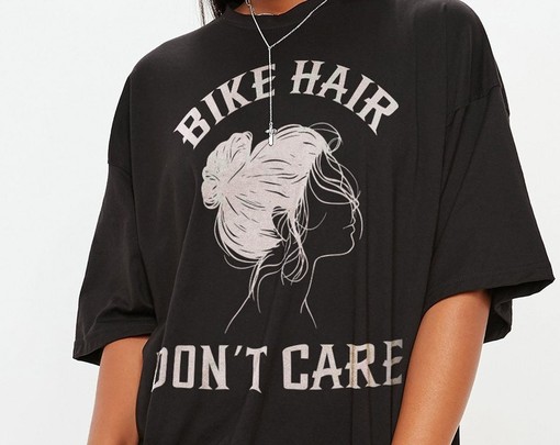 Movie Shirts For Women: Bike Hair Don't Care Bleach Unisex Tee, Motorcycle Hair Messy Bun Design, Biker Chick Shirt - Image 2