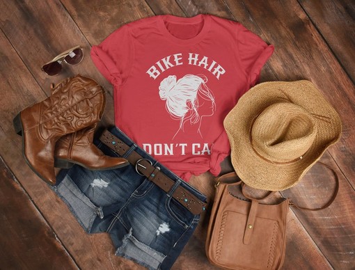 Movie Shirts For Women: Bike Hair Don't Care Bleach Unisex Tee, Motorcycle Hair Messy Bun Design, Biker Chick Shirt - Image 3