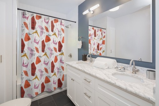 Multi-Colored Mid Century Modern Shower Curtain, Retro Bathroom Decor Accessories - Image 2