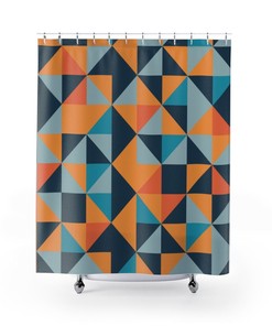 Multicolor Scandinavian Abstract Shower Curtain - Orange, Blue, and Mustard Yellow Polyester, Water-Resistant