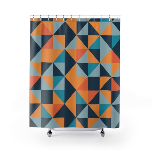 Multicolor Scandinavian Abstract Shower Curtain - Orange, Blue, and Mustard Yellow Polyester, Water-Resistant