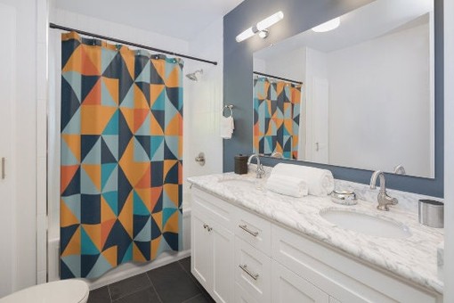 Multicolor Scandinavian Abstract Shower Curtain - Orange, Blue, and Mustard Yellow Polyester, Water-Resistant - Image 4