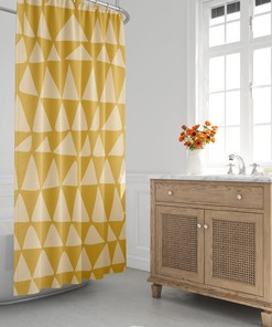 Mustard Triangle Shower Curtain - Mid-Century Minimalist Bath Decor with Tribal Zig Zag Design