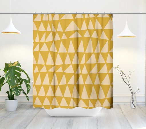 Mustard Triangle Shower Curtain - Mid-Century Minimalist Bath Decor with Tribal Zig Zag Design - Image 2