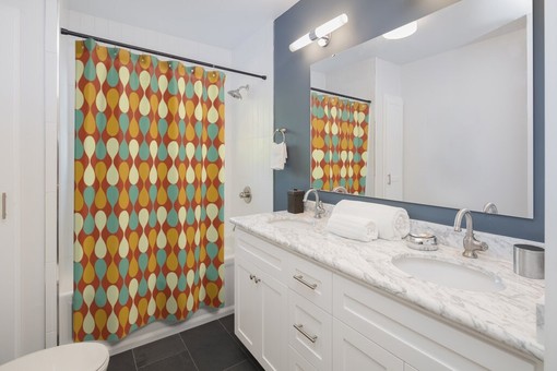 Mustard Yellow Mid Century Modern Shower Curtain, Retro Bathroom Decor, Unique Tub Accessory